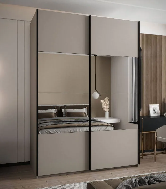 Kleiderschrank / Schiebetürenschrank | Farbe: Kaschmir | 2 Kleiderstangen | 245,5 x 170 x 64 cm | Soft-Close | 11 Fächer | Spiegel | 2 Schiebetüren