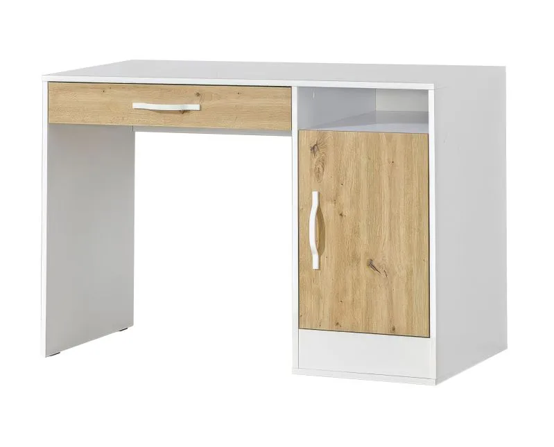 Schreibtisch mit Schublade | 120 x 50 x 81 cm | Farbe: Eiche / Weiß | 1 Tür | 3 Fächer | weiße Metallgriffe | 1 Einlegeboden | Nalut 04