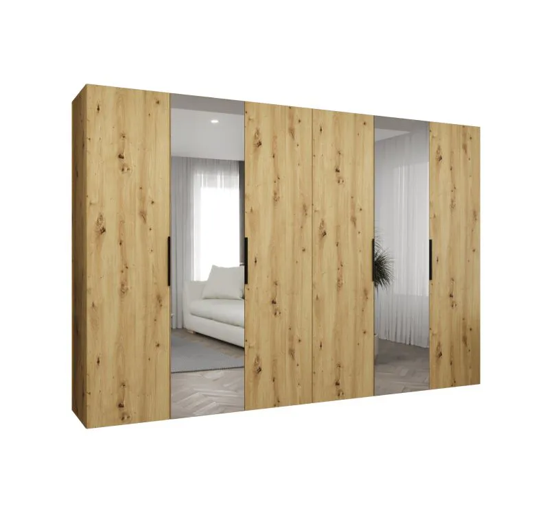 Drehtürenschrank mit zwei Spiegeltüren Korab 100, Farbe: Eiche Artisan, vier Fächer, 3 Meter breit, vier Kleiderstangen, Griffe: Schwarz, Soft-Close-Funktion