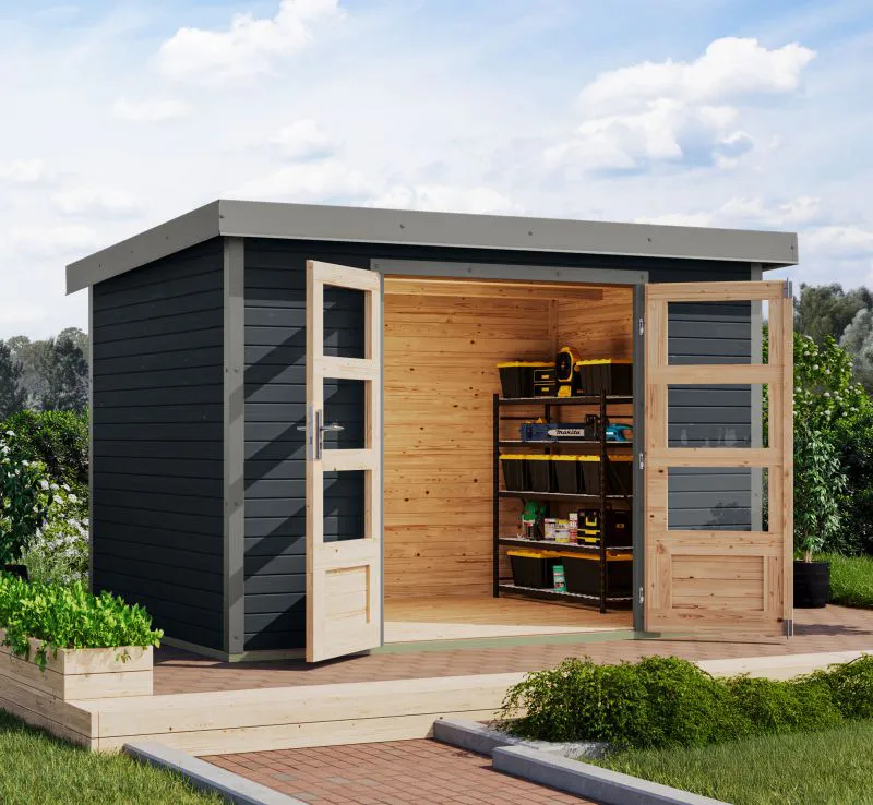 Gartenhaus, nordische Fichte anthrazit/graualuminium, Trapezblech-Pultdach, stahlverstärkte Ecken, wartungsarm, langlebig, Zylinderschloss, 2,98x2,13m