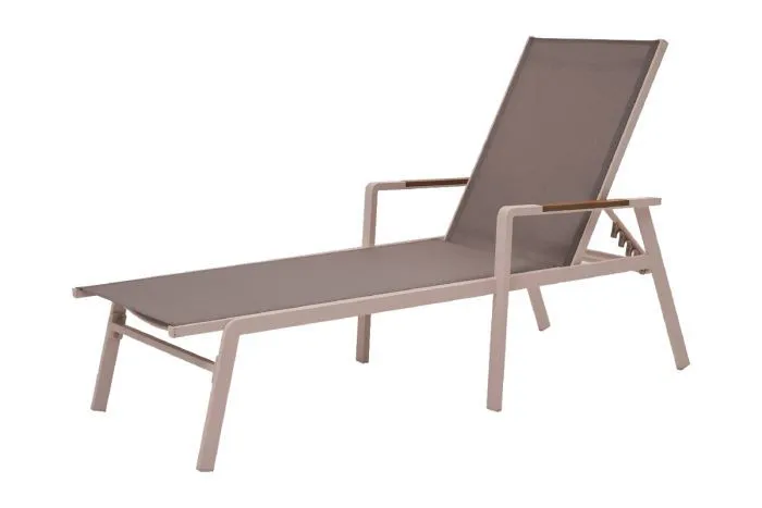 Sonnenliege Las Vegas mit verstellbarer Rückenlehne, graualuminium/hellgrau, 1870 x 685 x 930 mm, Armlehne aus wetterfesten Verbundwerkstoff in Holzoptik, Bespannung besonders reißfest