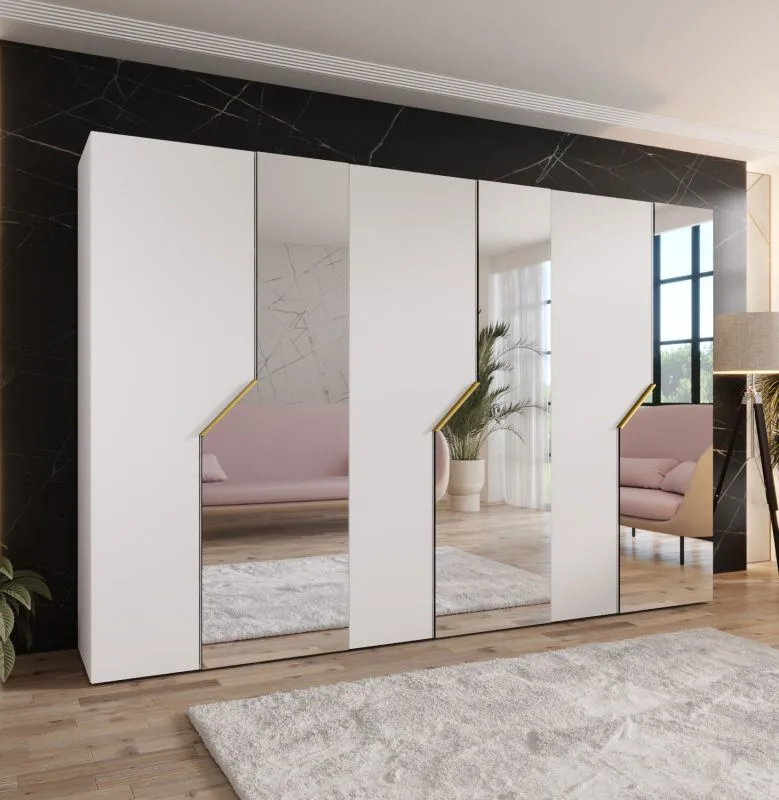Drehtürenschrank | 3 Spiegeltüren | Farbe: Weiß | 3 Fächer | 3 Kleiderstangen | Soft-Close-Funktion | Griffe: Gold | Maße: 300 x 52 x 202 cm | Kleiderschrank | ABS-Kanten