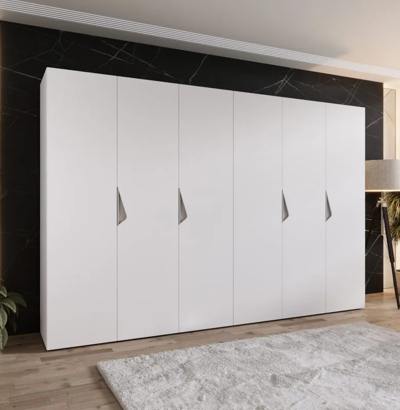 Drehtürenschrank / Kleiderschrank | Farbe: Weiß | 3 Meter breit | 6-Türig | Griffe: Kaschmir | 4 Fächer | Maße: 300 x 52 x 202 cm | 4 Kleiderstangen