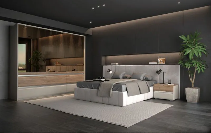 Schlafzimmer Komplett - Set B Papauta, 7-teilig, Kaschmir / Eiche dunkel