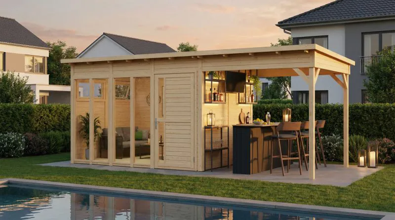 Gartenhaus mit Schleppdach| Naturbelassen | Elementbauweise | inkl. großem Panoramafenster | Grundfläche: 13,08 m² | inkl. Fußboden | Sonnenglück 02 | Poolhaus | Flachdach