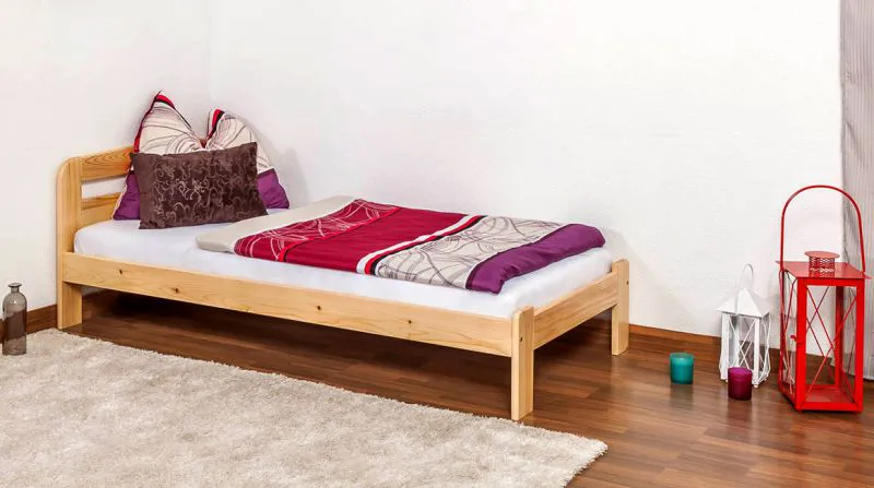 Kinderbett 90 x 200 cm | Massivholz: Kiefer | Natur Lackiert | inkl. Rollrost Abbildung