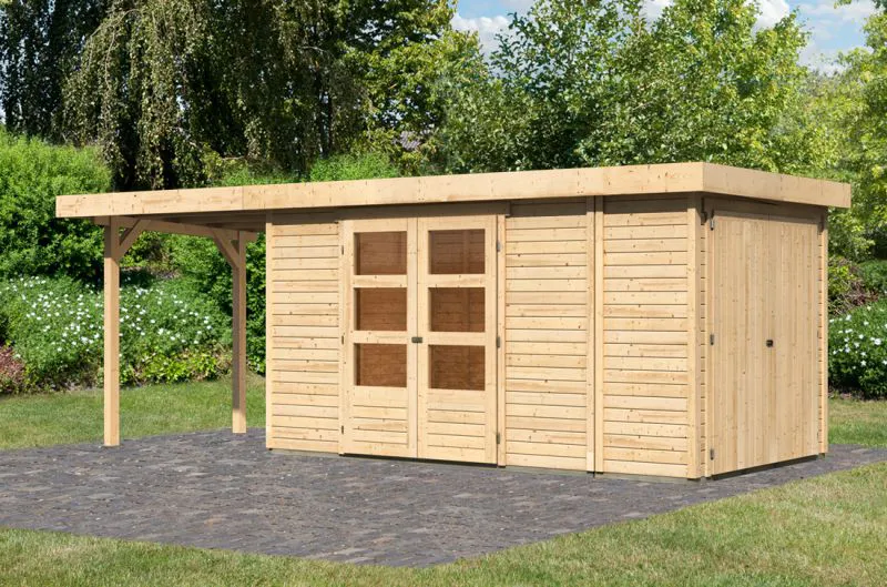 Gartenhaus SET naturbelassen mit Anbauschrank, Anbaudach 2,4 m Breite, Grundfläche: 7,94m²