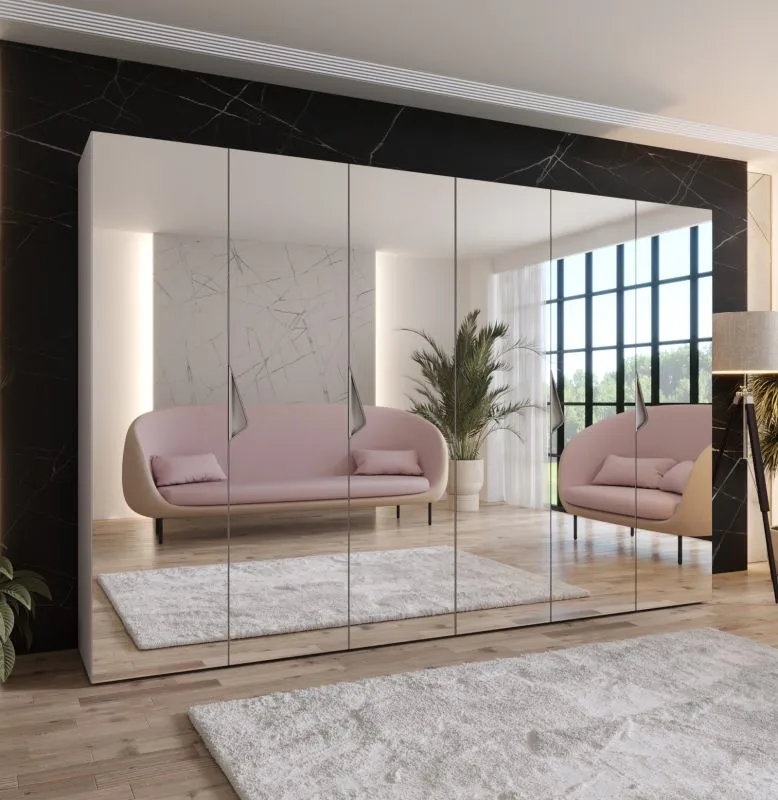 Drehtürenschrank | Farbe: Kaschmir | 3 Meter breit | Griffe: Kaschmir | Schlafzimmerschrank mit Spiegel | 4 Kleiderstangen | Soft-Close | Maße: 300 x 52 x 202 cm | 4 Fächer