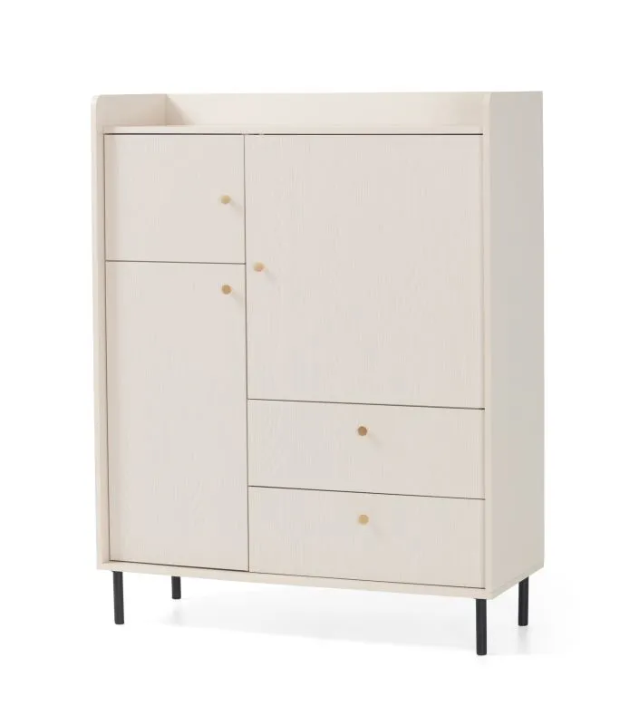 Kommode | 2 Schubladen | Farbe: Beige mit Holzstruktur | 3 Holzeinlegeböden | Maße: 103,5 x 42 x 133 cm | 3 Türen | Beine & Griffe: Metall | 6 Fächer