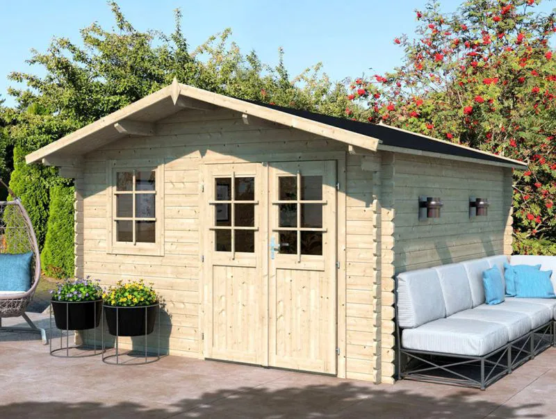 Holz-Gartenhaus 3,98 x 3,74 Meter (inkl. Dach) | Natur | Satteldach | 28 mm Blockbohlen-Haus Abbildung