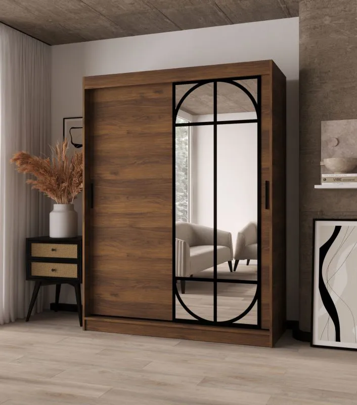 Kleiderschrank / Schiebetürenschrank | Farbe: Walnuss Warmia | 2 Kleiderstangen | 5 Fächer | hochwertig Verarbeitet | 150 x 62 x 200 cm | für Schlafzimmer