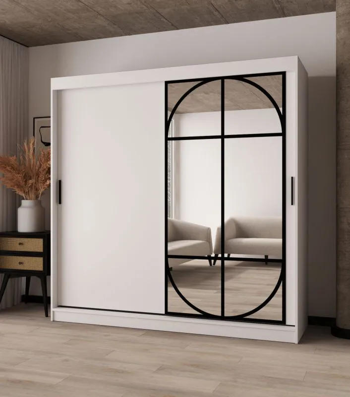 Kleiderschrank | Weiß Matt | Spiegeltür | Moderne Details | 200 x 62 x 200 cm | Schiebetürenschrank | 10 Fächer | 2 Kleiderstangen | hochwertig Verarbeitet