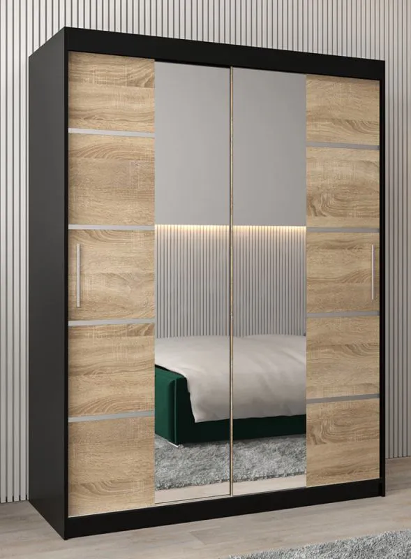 Schiebetürenschrank / Kleiderschrank Jan 03D mit Spiegel, Farbe: Schwarz / Eiche Sonoma - Abmessungen: 200 x 150 x 62 cm (H x B x T)