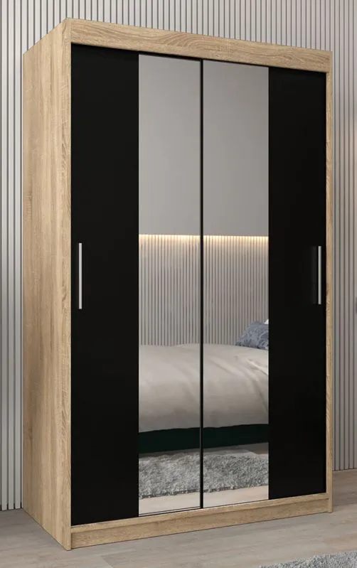 120 cm breiter Schiebetürenschrank mit 2 Türen | 5 Fächer | 2 Kleiderstangen | Farbe: Sonoma Eiche Abbildung