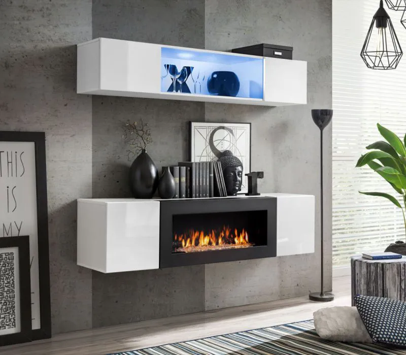 Schlichte Hängevitrine und Kommode mit Kamin Hompland 129, Farbe: Weiß - Abmessungen: 150 x 160 x 40 cm (H x B x T), mit Push-to-open Funktion
