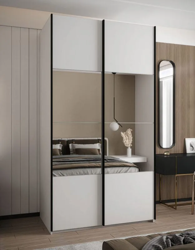 Kleiderschrank / Schiebetürenschrank | 245,5 x 140 x 64 cm | 2 Schiebetüren | 2 Kleiderstangen | 6 Fächer | Soft-Close | Farbe: Weiß | Spiegel