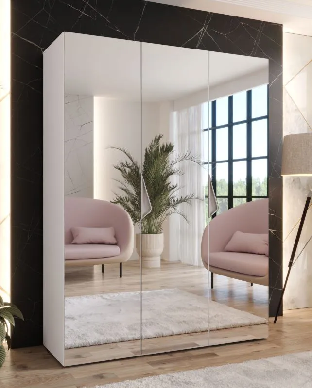 Schlafzimmerschrank mit Spiegel | Farbe: Weiß | Soft-Close-Funktion | Griffe: Kaschmir | Maße: 150 x 52 x 202 cm | 2 Fächer | Kleiderschrank | ABS | 2 Kleiderstangen