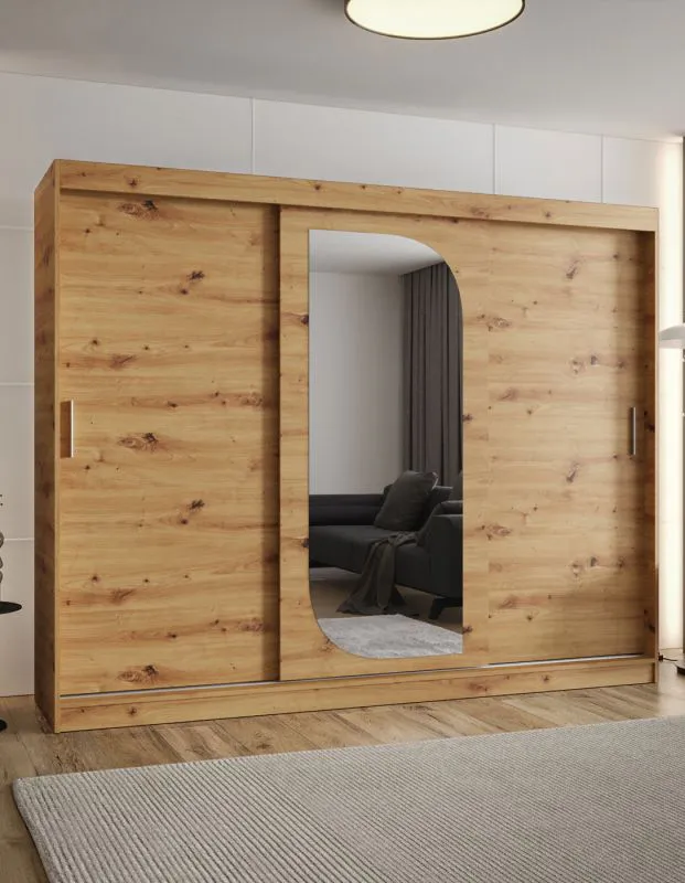 Schiebetürenschrank mit einer Spiegeltür Signalkuppe 21, Farbe: Eiche Artisan, 2,5 Meter breit, 10 Fächer, zwei Kleiderstangen, für Schlafzimmer