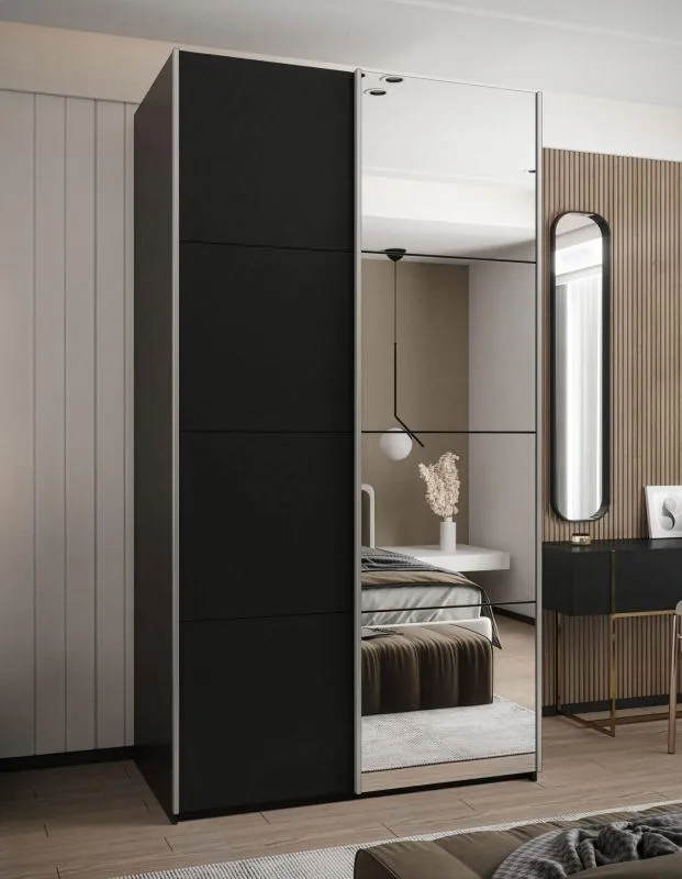 Kleiderschrank / Schiebetürenschrank | Farbe: Schwarz | 6 Fächer | 2 Kleiderstangen | Farbe: Schwarz | 2 Schiebetüren | 245,5 x 140 x 64 cm | ABS-Kanten