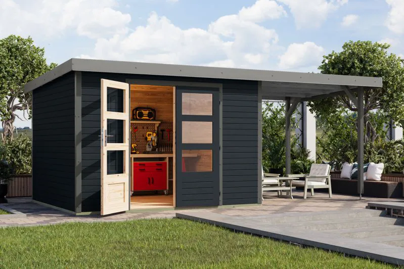 Holz Gartenhaus Anbaudach anthrazit/graualuminium – langlebiges Trapezblechdach, robuste Metallkanten, nordische Fichte, wettergeschützt 2,98×2,42 m