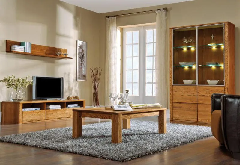 Wohnzimmermöbel Wohnzimmer Komplett - Set D Jussara, 4 - teilig, teilmassiv, Farbe: Bernstein Abbildung