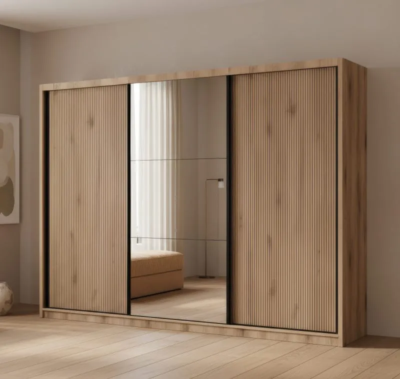 Schiebetürenschrank / Kleiderschrank | 11 Fächer | Eiche Canella | 1 Kleiderstange | 1 Spiegeltür | 240 x 49 x 215 cm | 9 Einlegeböden