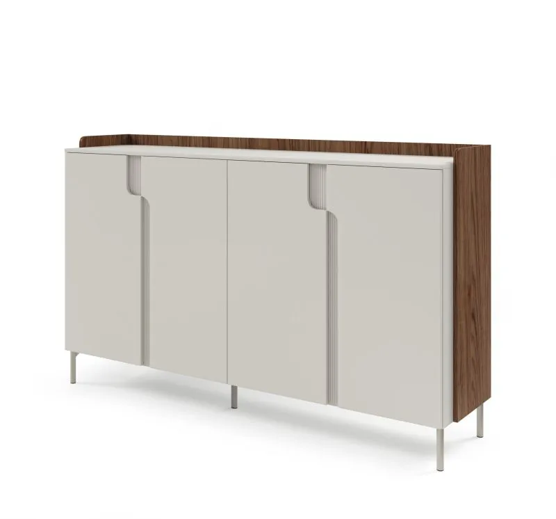 Kommode | Farbe: Kaschmir / Alba-Walnuss | 4 Drehtüren | 6 Fächer | 183 x 42 x 110 cm | Push-to-open Funktion | Beine: Metall | Sideboard