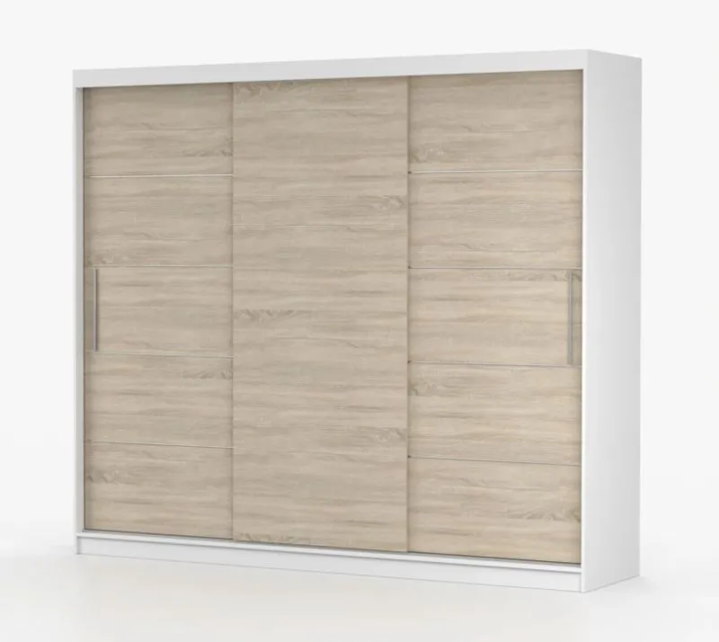 Schiebetürenschrank 2,5 Meter breit / Kleiderschrank | Cevennen 02 | Weiß / Eiche | 12 Fächer | 3 Türen | 218 x 250 x 61 cm | mit Sprossen | Holzoptik