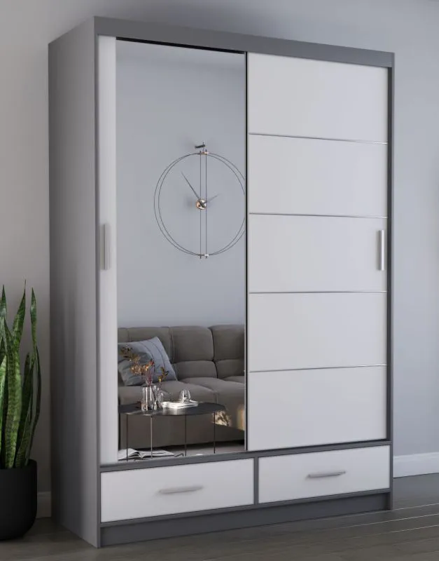Schiebetürenschrank / Kleiderschrank mit Spiegel | Weiß / Grau | Lusatian 06 | 218 x 150 x 61 cm | 2 Türen | 2 Schubladen | 6 Fächer | viel Stauraum