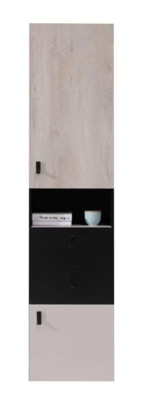 Schmaler Jugendschrank, Farbe: Eiche / Creme / Schwarz - Abmessungen: 190 x 45 x 40 cm (H x B x T) Abbildung