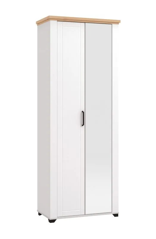 Garderobenschrank mit einer Spiegeltür Banat 18, Farbe: Weiß / Weiß Hochglanz / Eiche Artisan, eine ausziehbare Kleiderstange, Maße: 194,5 x 75 x 41 cm
