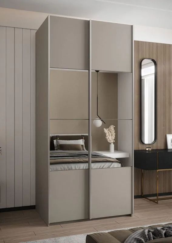 Kleiderschrank / Schiebetürenschrank | 245,5 x 120 x 64 cm | 2 Kleiderstangen | 2 Schiebetüren | 6 Fächer | Spiegel | Soft-Close | Farbe: Kaschmir