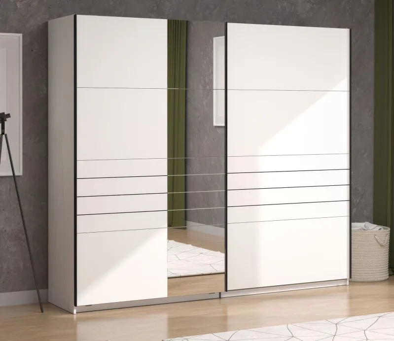 Schiebetürenschrank / Kleiderschrank | 2 Kleiderstangen | Farbe: Opak Weiß | ABS-Kanten | Maße: 245 x 61 x 217,5 cm | 2 Fächer | für Schlafzimmer