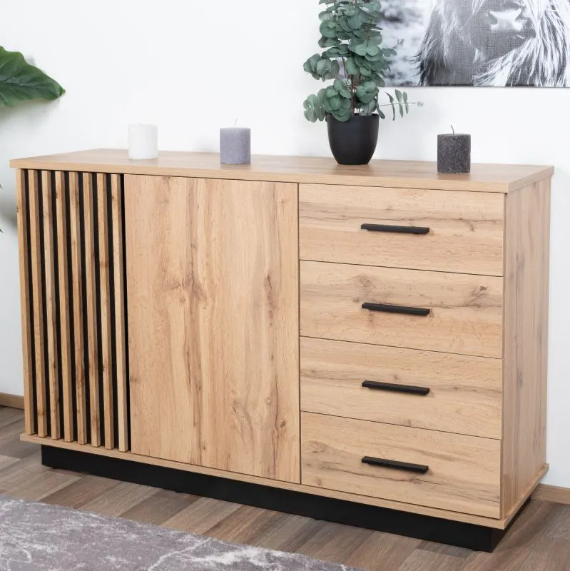 Kommode Trevalli 6, Farbe: Eiche / Schwarz - Abmessungen: 88 x 141 x 40 cm (H x B x T)