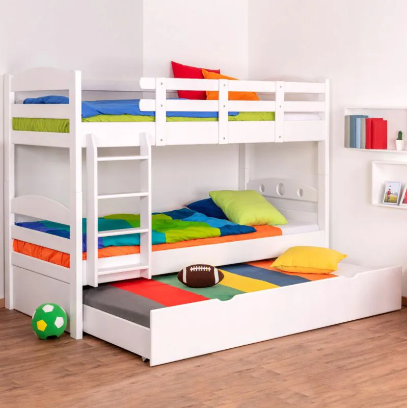 90 x 200 cm Etagenbett inkl. Ausziehbett für 3. Liegeplatz 90 x 190 cm (Bettkasten/Stauraum) | Massivholz: Buche | Weiß Lackiert | umbaubar in zwei Einzelbetten | Premium-Qualität | inkl. Rollroste Abbildung