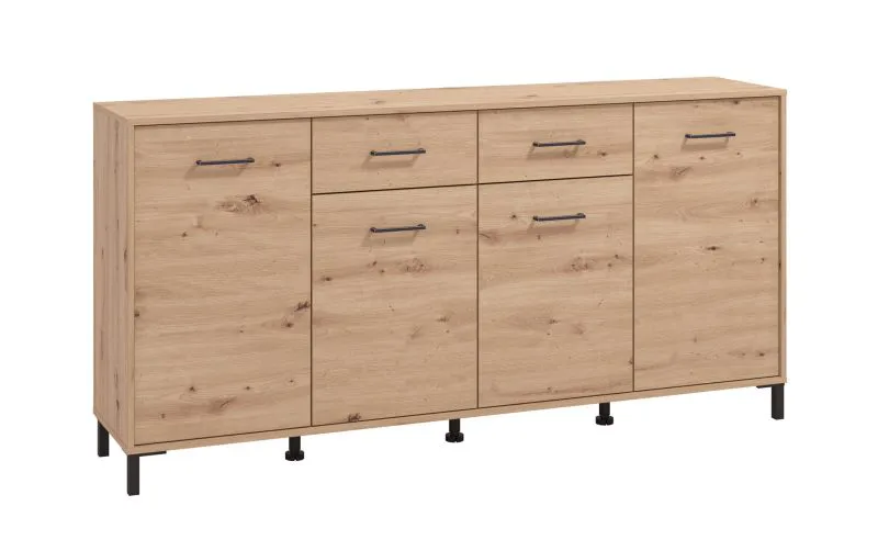 Langes Sideboard mit vier Türen Sabas 13, Farbe: Eiche Artisan, zwei Schubladen, acht Fächer, Maße: 90 x 182,5 x 40 cm, Griffe & Beine: Schwarz