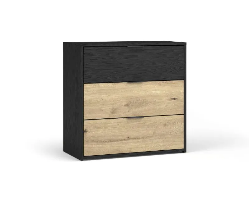 Kommode mit drei Schubladen Galatsi 03, Farbe: Schwarz mit Holzstruktur / Eiche Artisan, ABS-Kantenschutz, für Schlafzimmer, Maße: 80 x 80 x 40 cm