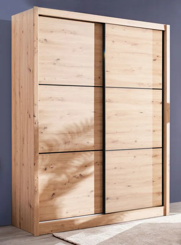 Kleiderschrank / Schiebetürenschrank mit sechs Fächer Panevo 02, Farbe: Eiche Artisan, eine Kleiderstange, Maße: 215,5 x 166 x 60 cm, stilvoll