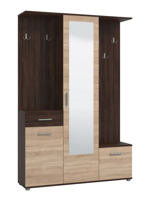 Garderobe mit Spiegel Cupria 01, Farbe: Eiche Sonoma / Eiche Sonoma Dunkel, fünf Haken, eine Schublade, 10 Fächer, Maße: 197,5 x 133,5 x 33 cm