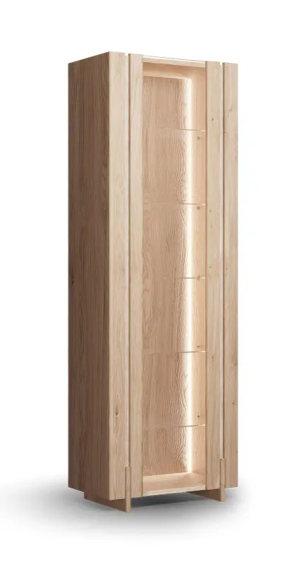 Vitrine | Farbe: Eiche gebleicht | 1 Tür | Massivholz | Eichenholz geölt | Travertin Stein | inkl. LED-Beleuchtung | 6 Fächer | 68 x 41 x 206 cm