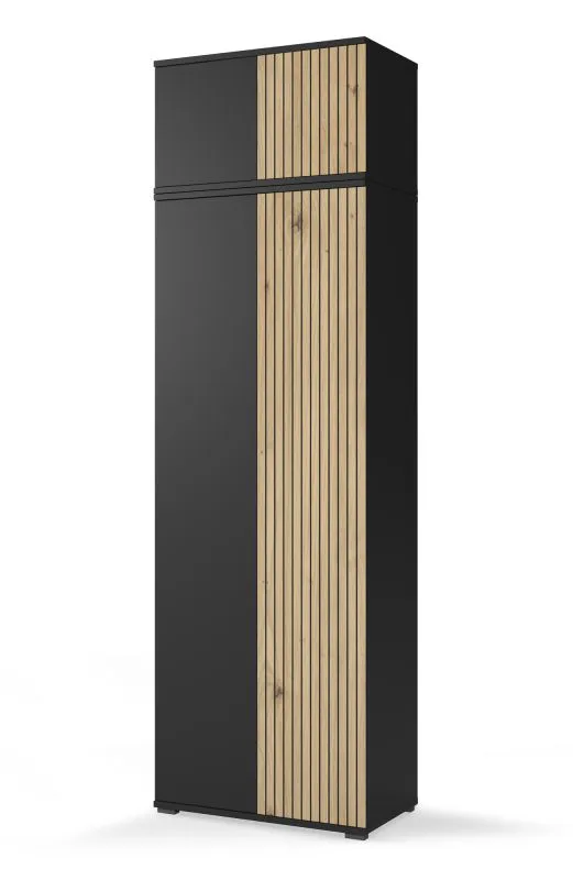 Kleiderschrank mit Schrankaufsatz Valtierrilla 03, Farbe: Eiche Artisan / Schwarz, Push-to-open Funktion, ausziehbare Kleiderstange, Maße: 225 x 70 x 40 cm