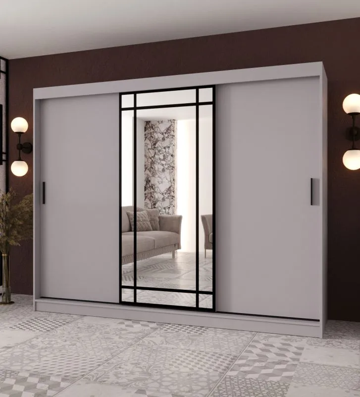 Schiebetürenschrank | dekorative Spiegeltür | Farbe: Eiche Artisan | 2 Kleiderstangen | Kleiderschrank | 10 Fächer | 250 x 62 x 200 cm | Langlebig und Widerstandsfähig