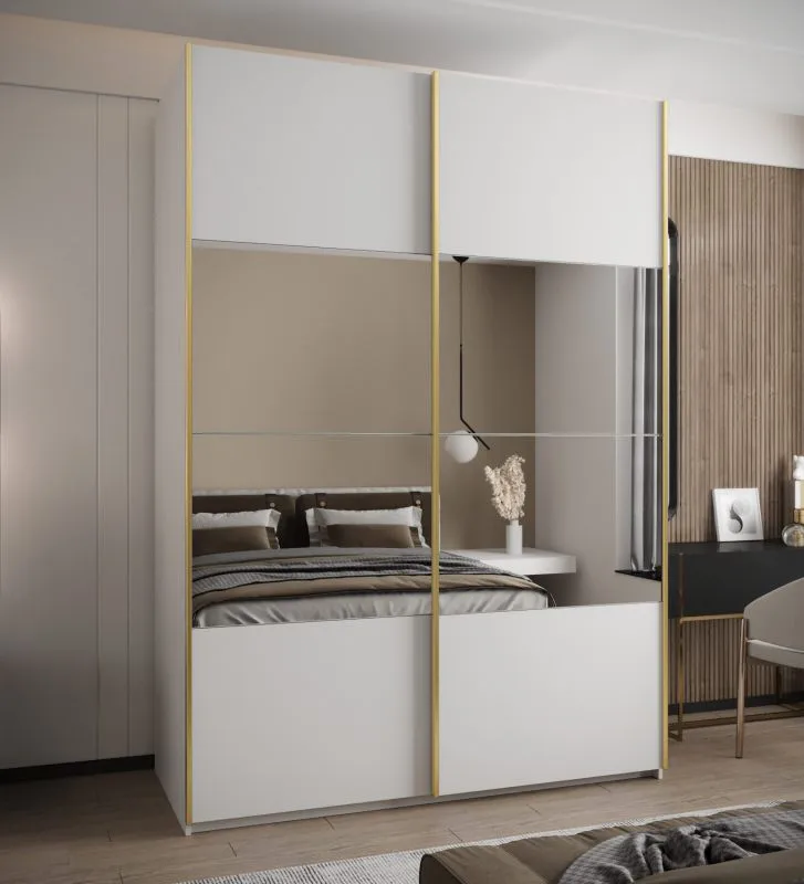 Kleiderschrank / Schiebetürenschrank | 245,5 x 180 x 64 cm | Spiegel | 2 Kleiderstangen | 11 Fächer | Soft-Close-Funktion | 2 Schiebetüren | Farbe: Weiß