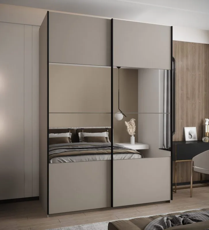 Kleiderschrank / Schiebetürenschrank | Spiegel | 245,5 x 180 x 64 cm | 2 Kleiderstangen | Soft-Close | 11 Fächer | Farbe: Kaschmir | 2 Schiebetüren
