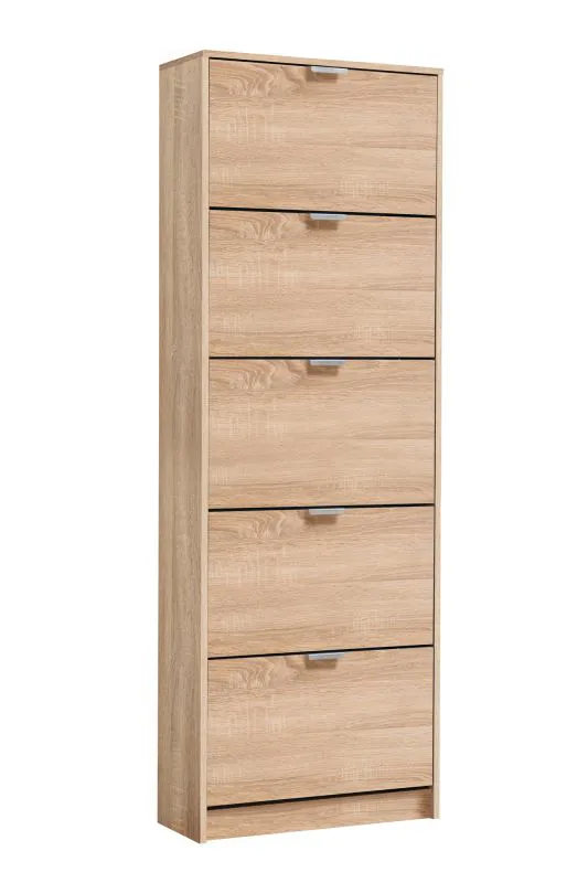 Hoher Schuhschrank Gradide 05, Farbe: Eiche Sonoma, fünf Kipptüren, Griffe: Grau, 10 Fächer, Maße: 191,5 x 67 x 28 cm, ABS-Kantenschutz, für den Vorraum