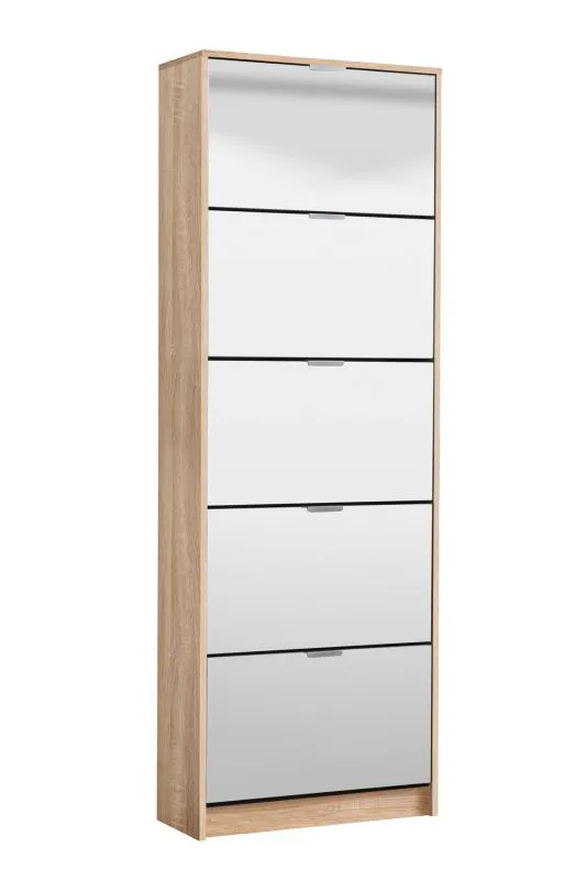 Schuhschrank mit 10 Fächer Gradide 11, Farbe: Eiche Sonoma, fünf Kipptüren, Maße: 191,5 x 67 x 28 cm, 10 Fächer, ABS-Kanten, Spiegel-Front, modernes Design