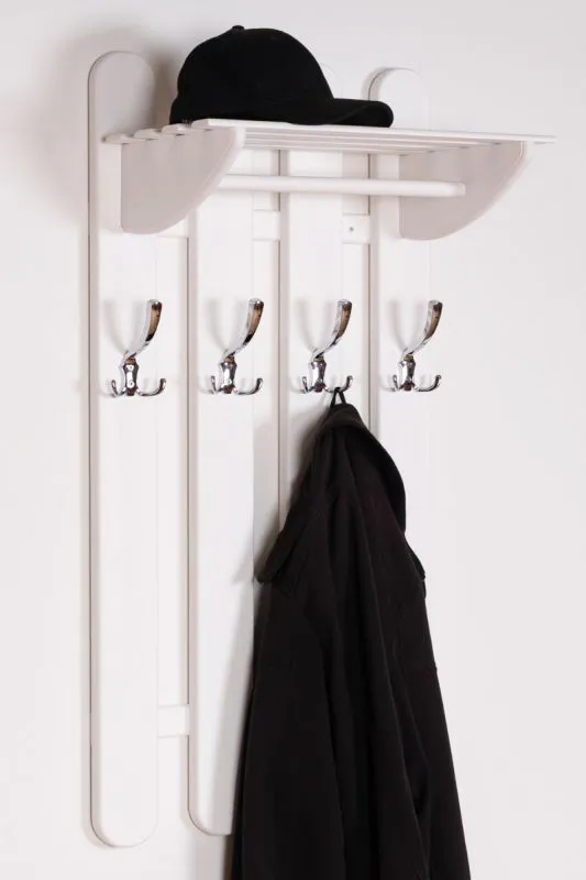 Weiße Garderobe aus Massivholz Kiefer Junco 349, mit 4 Haken und einer Ablage, 100 x 50 x 33 cm, hochwertig verarbeitet, einfache Montage, modern