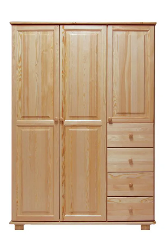 Kleiderschrank | 2 Drehtüren | 4 Schubladen | 2 Fächer | mit Kleiderstange | 133 cm breit | Massivholz | Farbe: Natur Abbildung