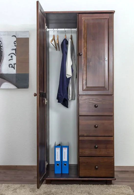 Schmaler Kleiderschrank | 1 Drehtür | 4 Schubladen | mit Kleiderstange | 80 cm breit | Massivholz | Farbe: Nuss Abbildung