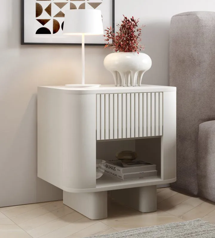 Nachtkommode | Kaschmir | 1 Schublade | 1 Fach | 50 x 40 x 50 cm | Push-to-open Funktion | Nachtkästchen| Lamellen Design | auf Beinen oder hängend | für Schlafzimmer
